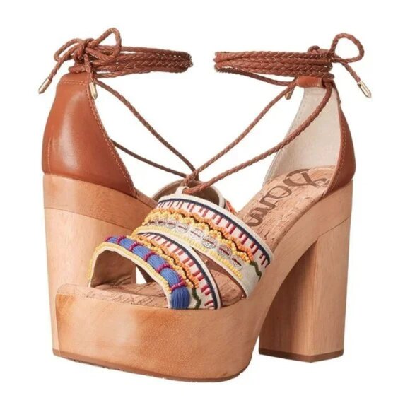 Sam Edelman Mel Embroidered Wooden Platform Fall Chic Sandal Multi Color - Picture 1 of 16